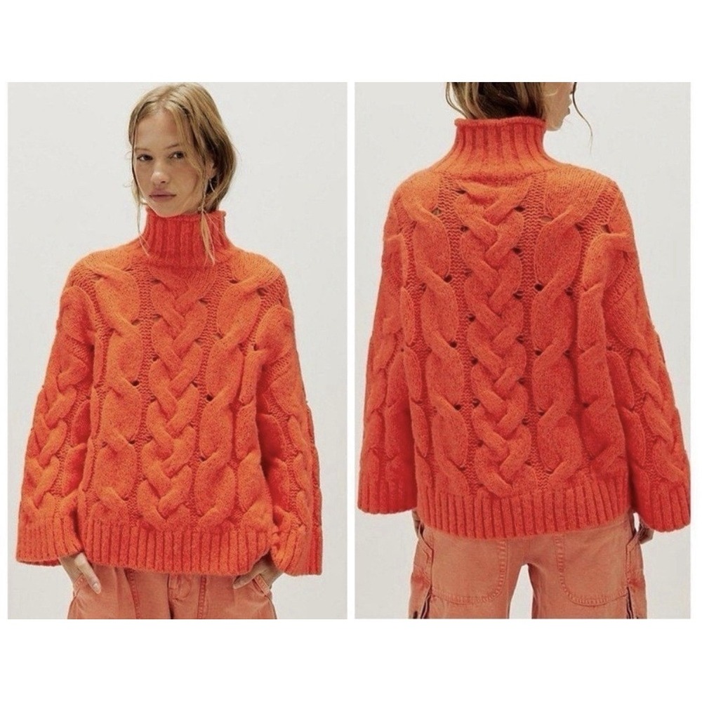 NWT Free People Clementine Cable Knit Sweater Orange Tango Alpaca Blend S